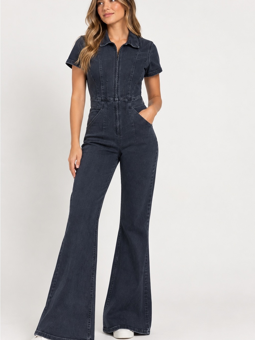 We The Free Black Short-Sleeve Denim Jumpsuit with Flared Legs